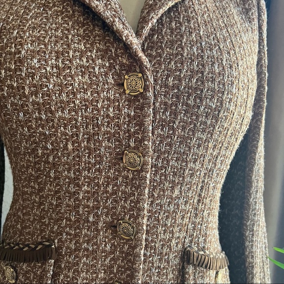 125 St. John Boucle Buttoned Down Brown White Tweed Knit Blazer Jacket Sz 2 - Picture 2 of 14